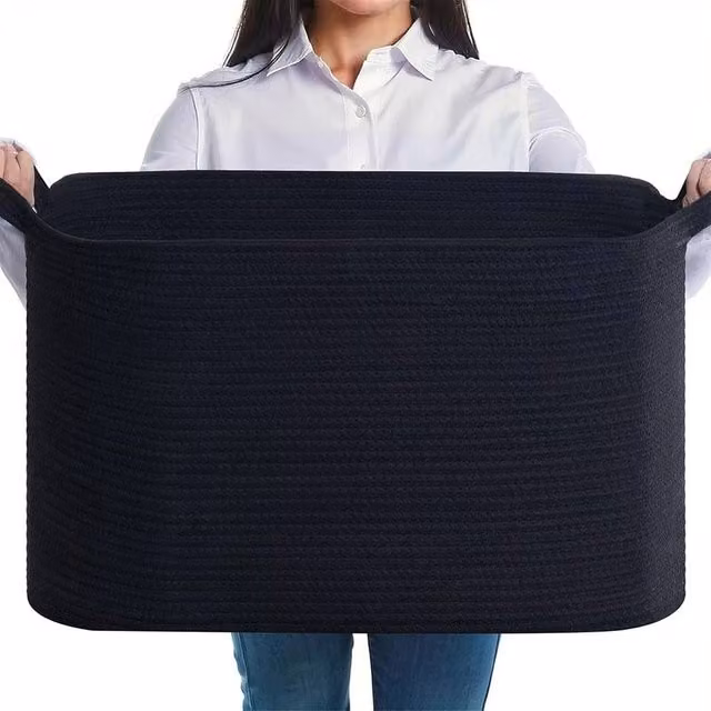 VOGREX Black Cotton Rope Storage Basket for Toys and Blankets, W/D/H: 30 x 30 x 55 cm