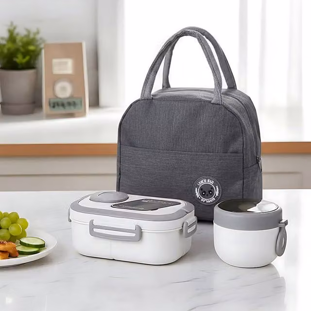 Living and Home Portable Insulated Lunch Box Set with Dividers and Cutlery in White