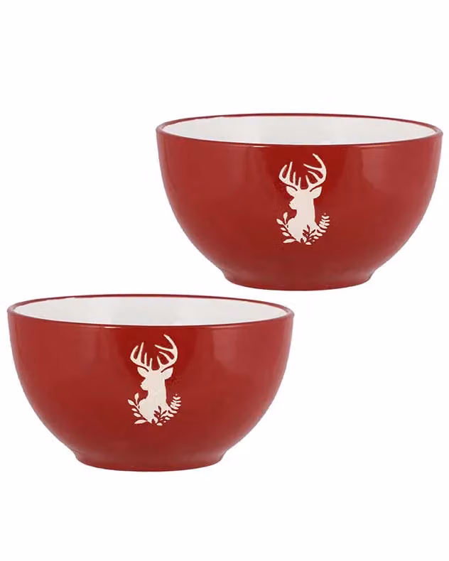 Dibor Set of 2 Red Stag Christmas Stoneware Bowls, Red and White, Dia: 14.5 cm – 2