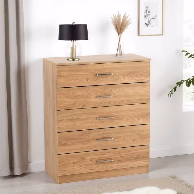 Seconique Dakota 5 Drawer Chest in Oak Effect Brown