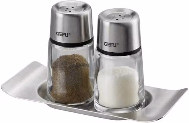 Gefu Brunch Salt and Pepper Shakers with Stainless Steel Stand in Clear Glass – 1