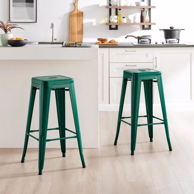 FurnitureboxUK Set of 2 Colton Industrial Style Metal Stackable Kitchen Bar Stools in Green