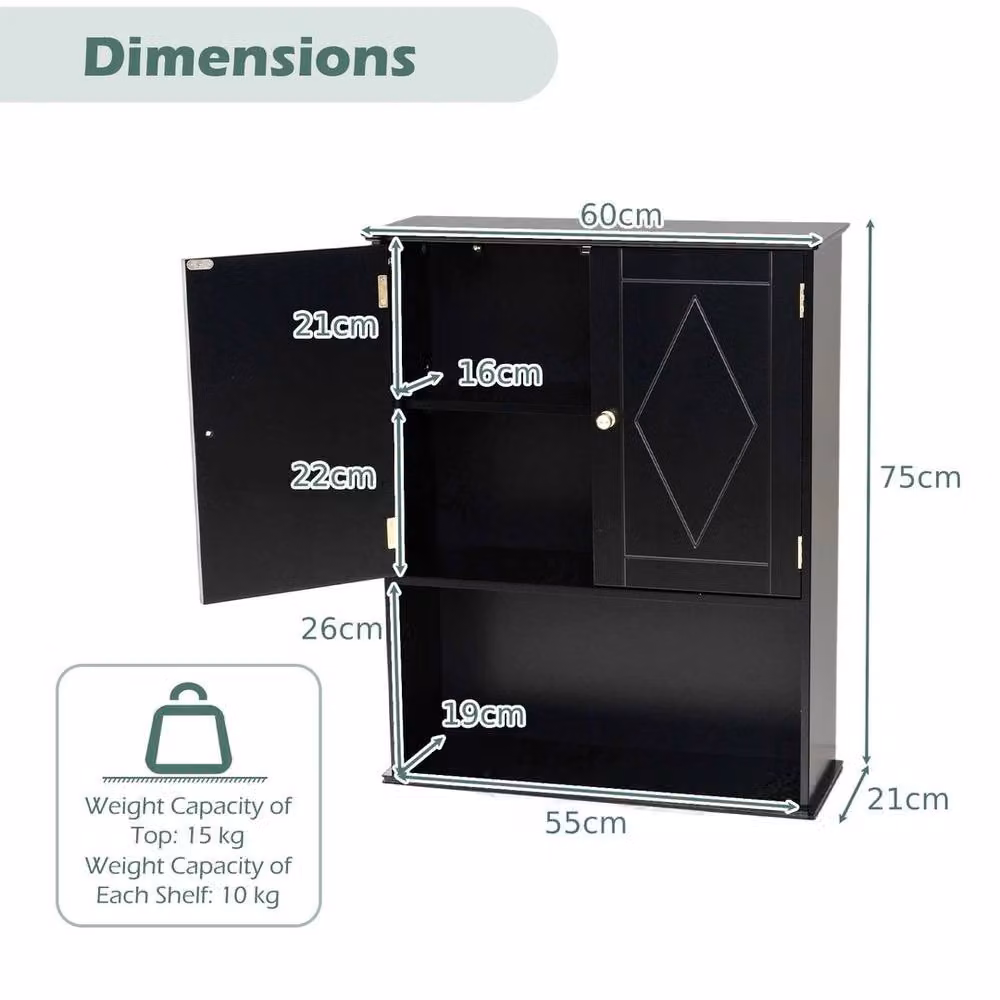 Kelvenix Matt Black 2-Door Wall Mounted Bathroom and Kitchen Cabinet with Internal Shelves – 2