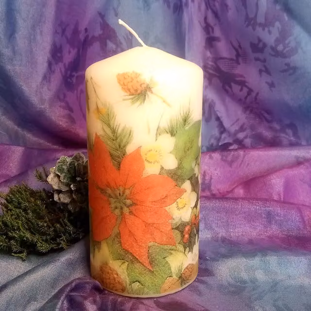 Viki White Poinsettia Christmas Pillar Tabletop Candle