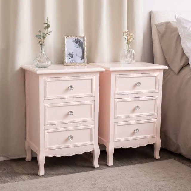 Melody Maison Sophia Pair of Pink 3 Drawer Bedside Tables in Pale Pink