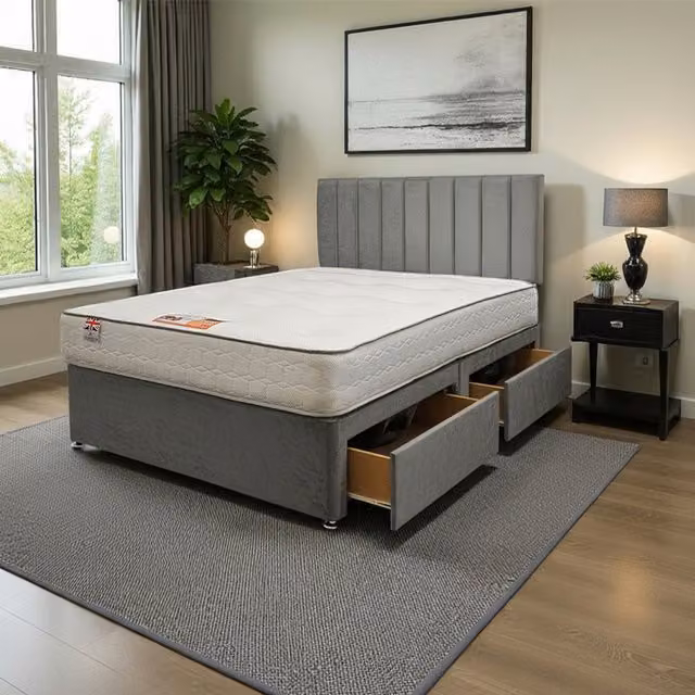 Knight Sleep Paris Plush Double Bed Set with Mattress, 2 Drawers and 24 inch Headboard in Silver/Grey