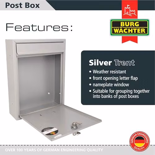 Burg-Wächter MB19S Trent Wall Mounted Lockable Weatherproof Steel Post Box, Silver W/D/H: 26 x 34 x 9 cm – 2