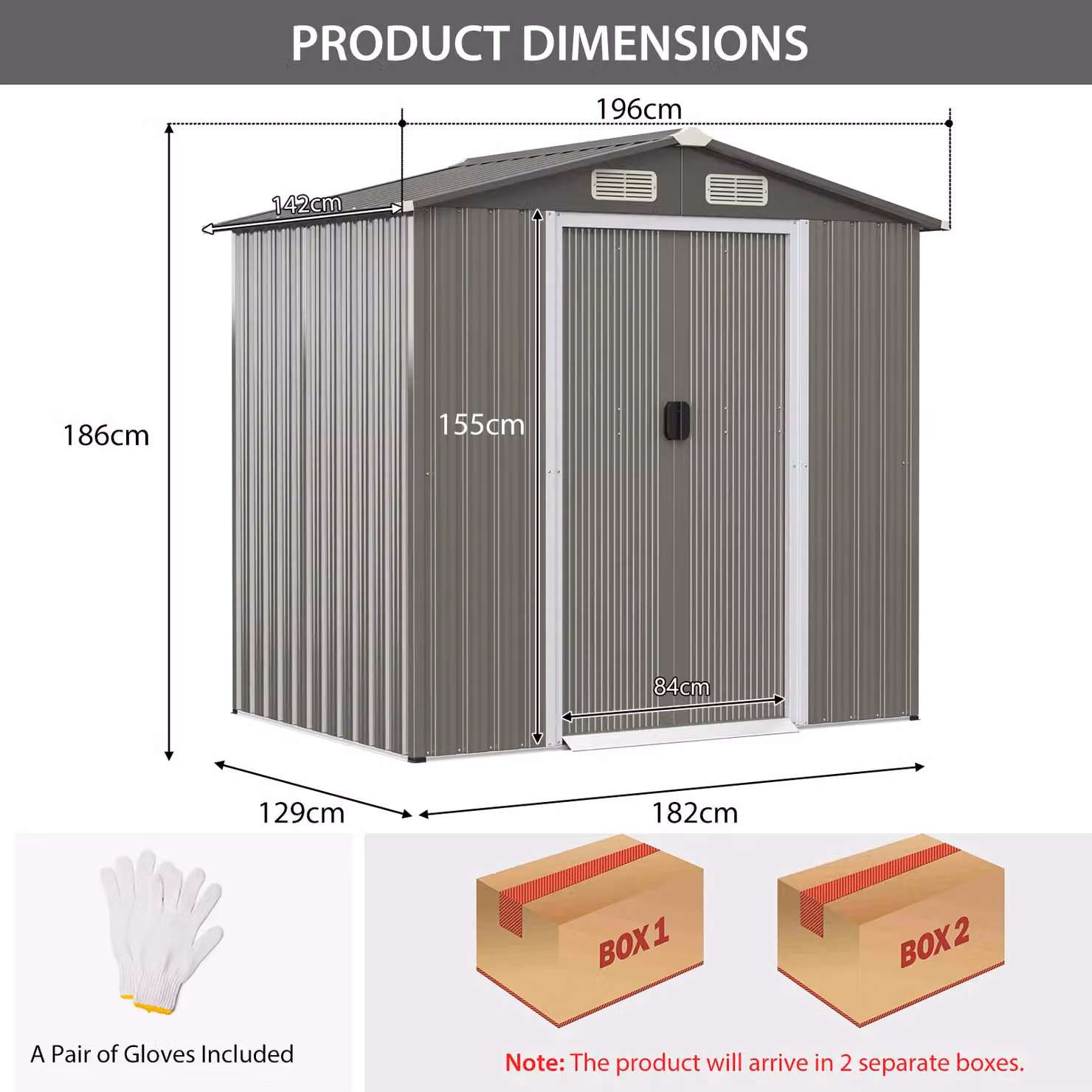Gymax Galvanised Steel Outdoor Storage Shed with Lockable Sliding Door, Dark Grey, W: 182.88 cm, D: 129.0 cm, H: 186.0 cm – 3
