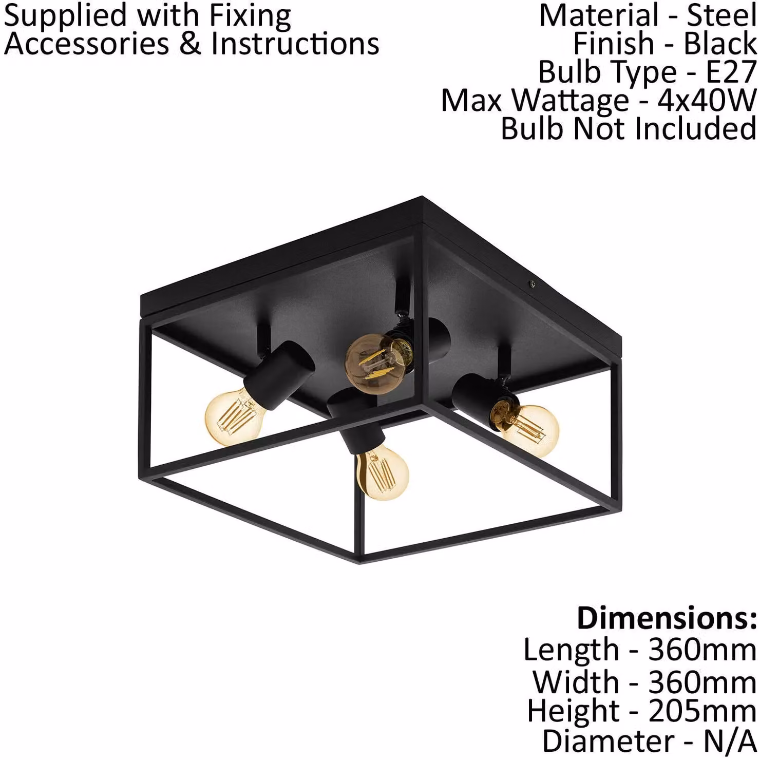 Loops Black Metal Industrial Flush Ceiling Light with 4x E27 Holders – 2