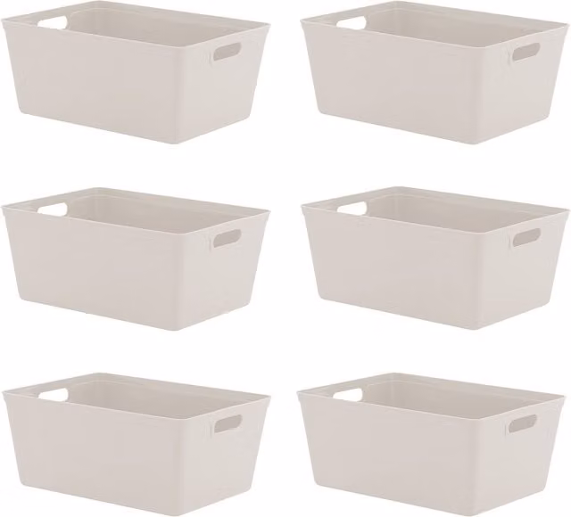 Simpa Set of 6 Plastic Studio Organiser Storage Trays with Handles, 11L, Taupe, H 15.5cm x W 25cm x D 35cm