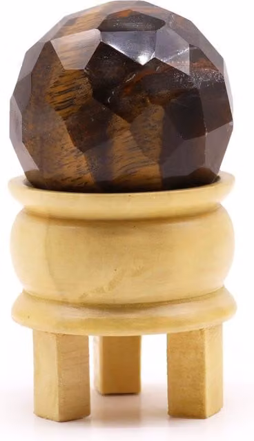 KDMD Chocolate Tigereye Gemstone Faceted Healing Ball with Wood Stand in Brown and Multicolour