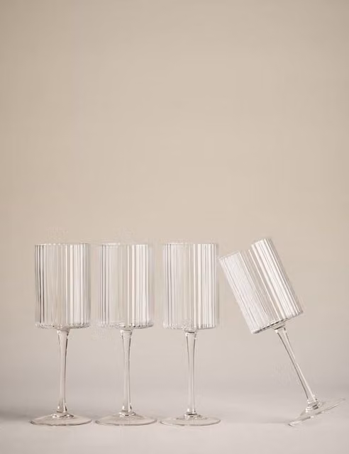 M&S Set of 4 Transparent Striped Glass Wine Glasses