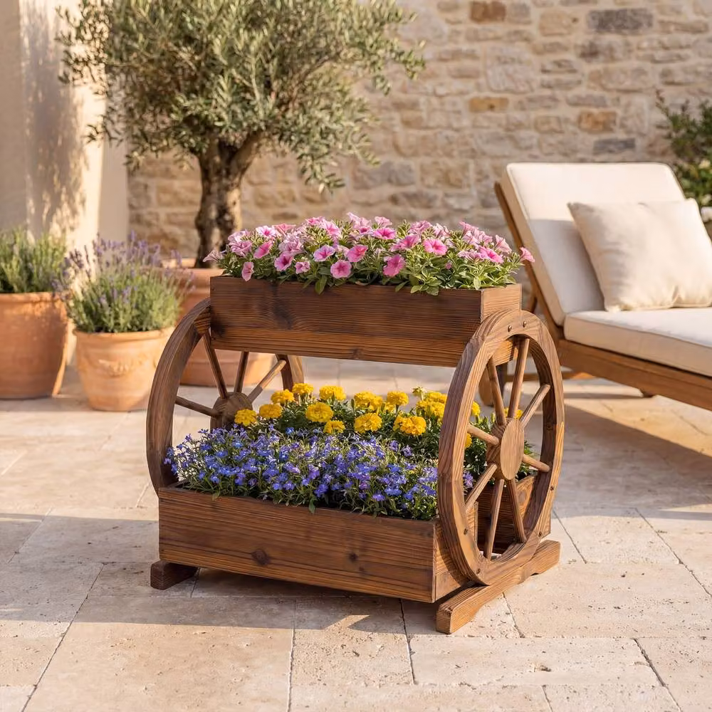 Costway Rustic Wood 2-tier Raised Garden Bed Wagon Planter with 3 Growing Boxes in Brown – 9