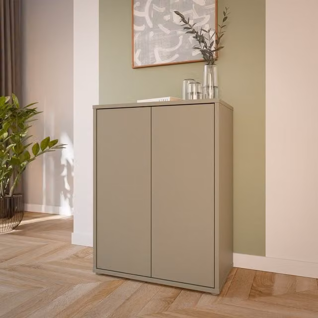 Furniture To Go Alice Springs Tall 2 Door Cabinet with Push-Open Doors in Light Grey and Taupe