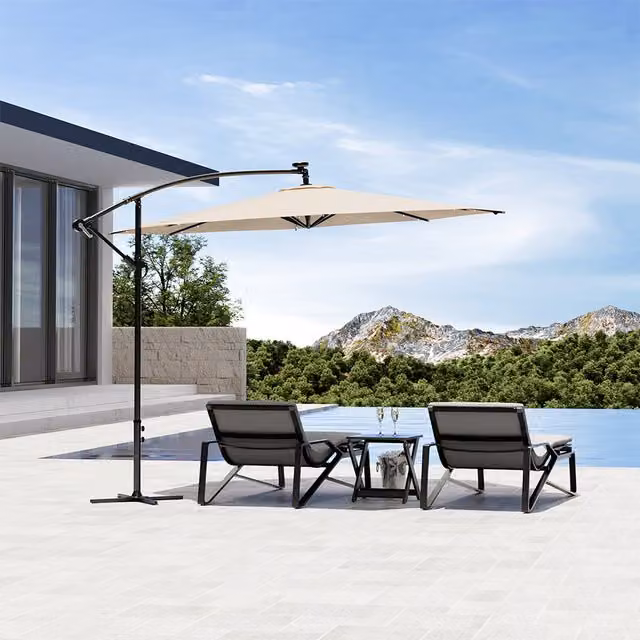 Komore LED Solar Garden Parasol with Metal Cross Base in Beige