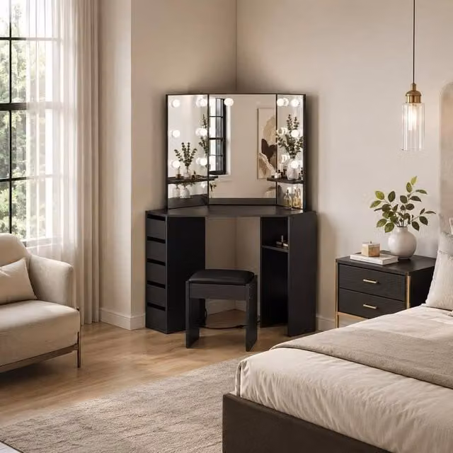 London Boutique Corner Dressing Table with LED Mirror and 5 Drawers in Black