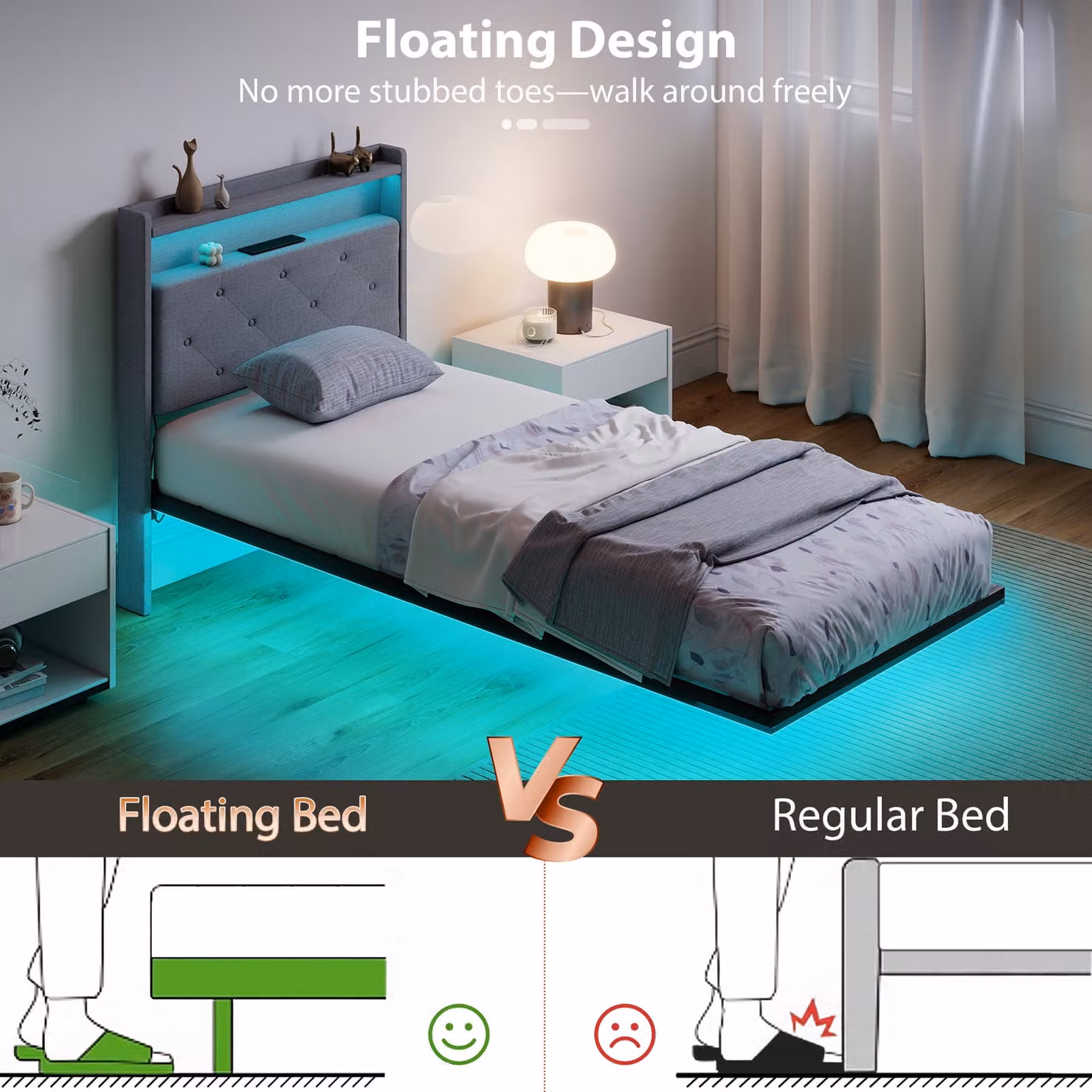 HOMCOM Upholstered Floating Single Bed Frame in Grey with RGB LED Lights, USB Charging Port and Side Compartments, W/D/H: 90 x 190 cm – 3