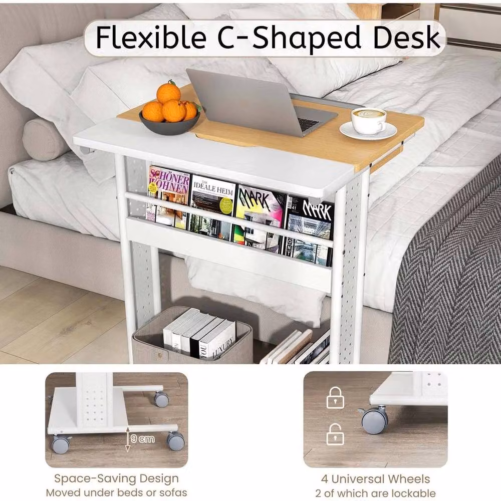 Kelvenix C-Shaped Rolling Computer Desk in White with Tilting Top and Castors – 3
