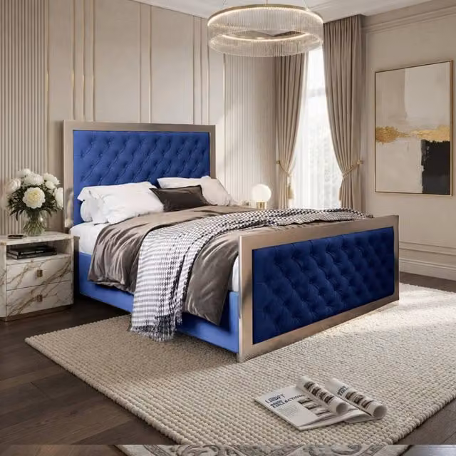 KDMD Mawdesley Blue Velvet and Metal Upholstered Designer Bed Frame, W/D/H: 137 x 128 x 200 cm