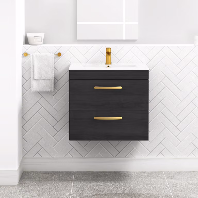 Royal Bathrooms Turin 600mm Wall Hung Vanity Unit in Hale Black with 2 Drawers and Brushed Brass Handles