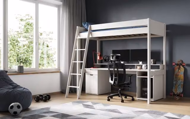 Noomi Tera Solid Wood Gaming High Sleeper Bed in White, W/D/H: 90 x 200 x 148 cm – 2