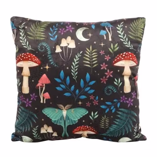 Something Different Wholesale Enchantment Cushion with Dark Forest Mushroom Graphic, Black and Multicolour, W/D/H: 35 x 35 x 35 cm