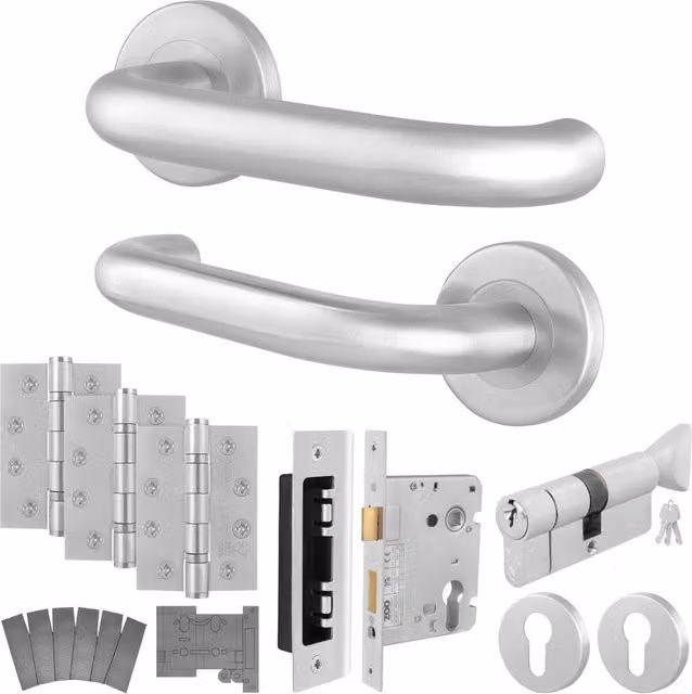 AFIT Satin Stainless Steel Fire Rated Return to Door Handles with Euro Thumb Turn and Hinges in Silver, 150 x 150 mm