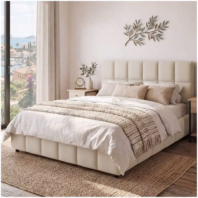 tectake Shirley Upholstered Bed with Slatted Frame and Lift Up Base in Sand, W/D/H: 140 x 200 x 93 cm – 1