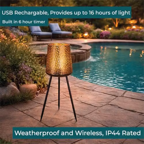 Luxform Beehive Tripod Outdoor Garden Light, USB Rechargeable, Black and Gold/Brass, Warm White, 15 Lumen with 24hr Timer – 2