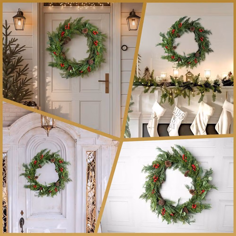 Shatchi Christmas Wreath with Red Berries and Pinecones in Green, Diameter: 90 cm – 9