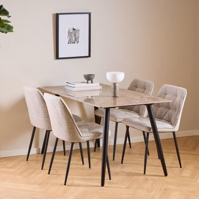 Furniture To Go Wicklow Ceramic Dining Table in Brown and Black with 4 Brooke Dining Chairs in Monza Beige, W: 140 cm, D: 75 cm, H: 75 cm – 1