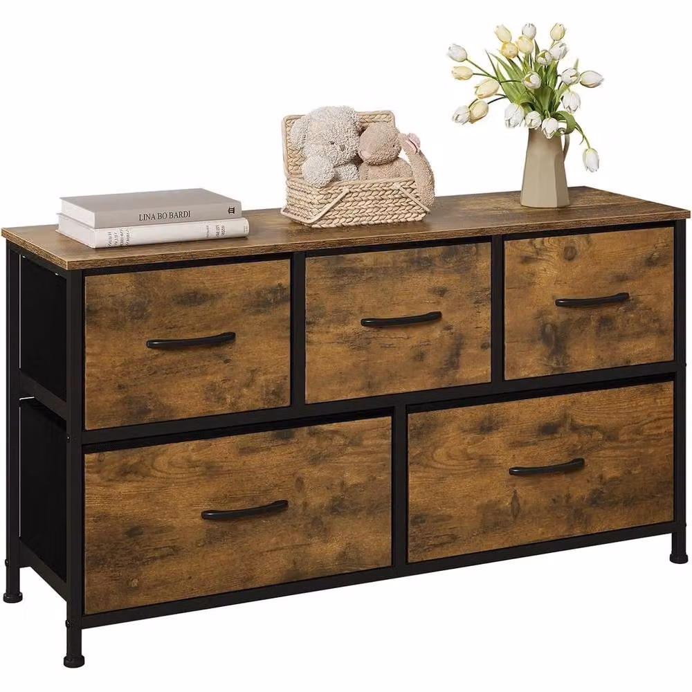FORGEVIO Industrial Wide 5 Drawer Chest of Drawers with Metal Legs in Brown – 5