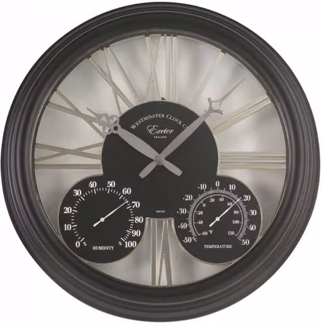 Garden Mile Classic Round Analog Wall Clock and Thermometer in Black, Diameter: 38.1 cm