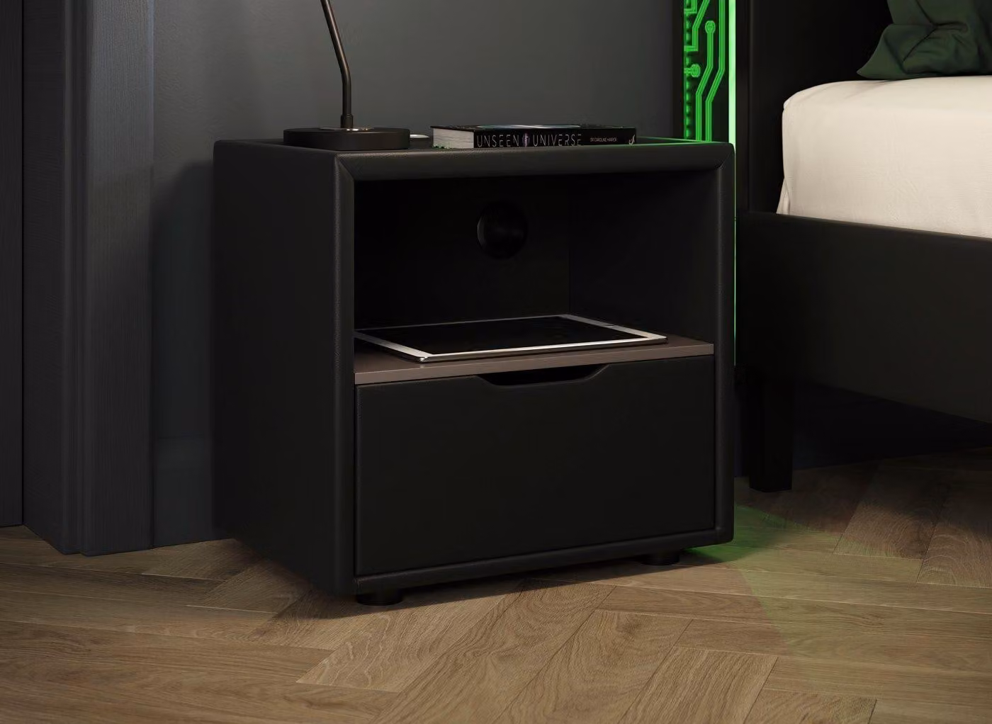 Dreams Glitch Upholstered Black Bedside Table with USB Charging and Media Compartments