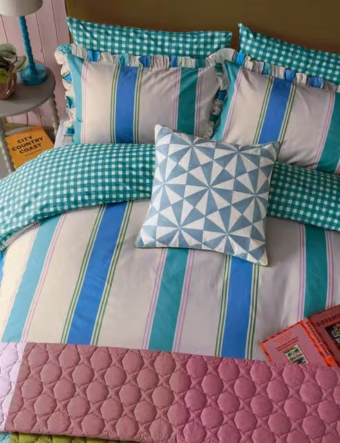 LAND & SHORE 2 Pack Winnie Check Pure Cotton Pillowcases in Petrol and Multicolour