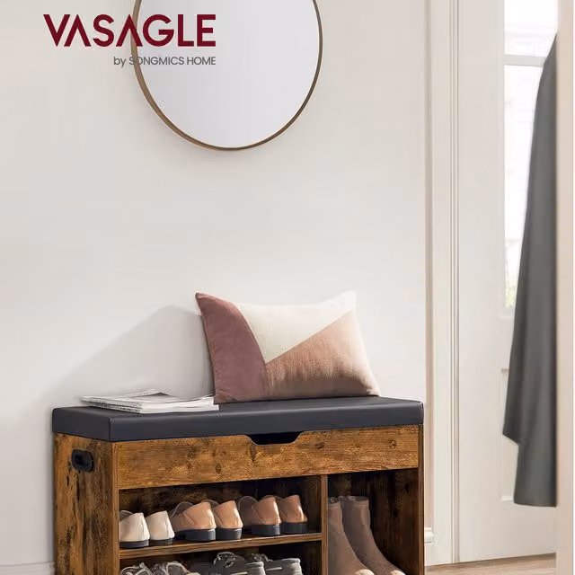 VASAGLE Industrial Shoe Bench with Synthetic Leather Cushion and Storage for Hallway or Bedroom, Bronze and Brown, W/D/H: 80 x 44 x 44 cm