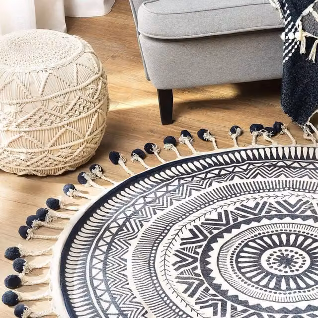 Wyld and Coco Round Woven Cotton Boho Rug in Beige and Blue with Fringes, Diameter: 120 cm – 1