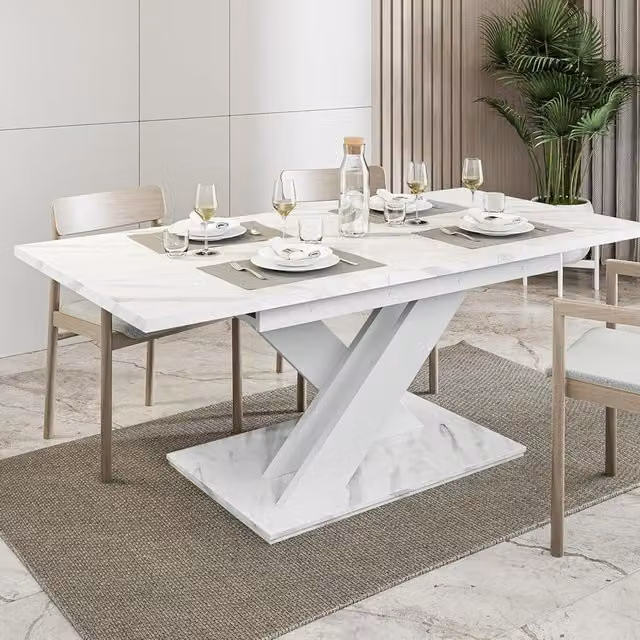PHD Furniture Extendable Rectangular Dining Table in White Bianco Marble