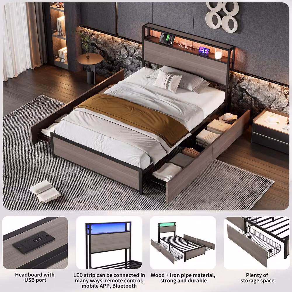 Rolipo Grey Metal Single Bed Frame with LED Lights, USB Charging Port and 4 Drawers, W/D/H: 90 x 190 cm – 4