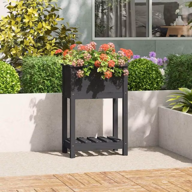 Berkfield Rustic Grey Solid Pine Planter with Shelf, W/D/H: 54 x 34.5 x 81 cm