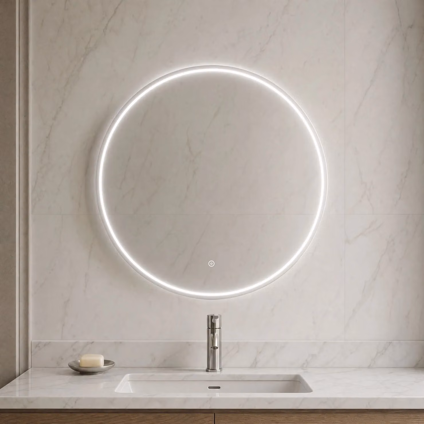 Balterley Round LED Bathroom Mirror with Demister Pad and Touch Sensor, Silver, W: 60 cm, H: 60 cm, D: 1 cm – 2