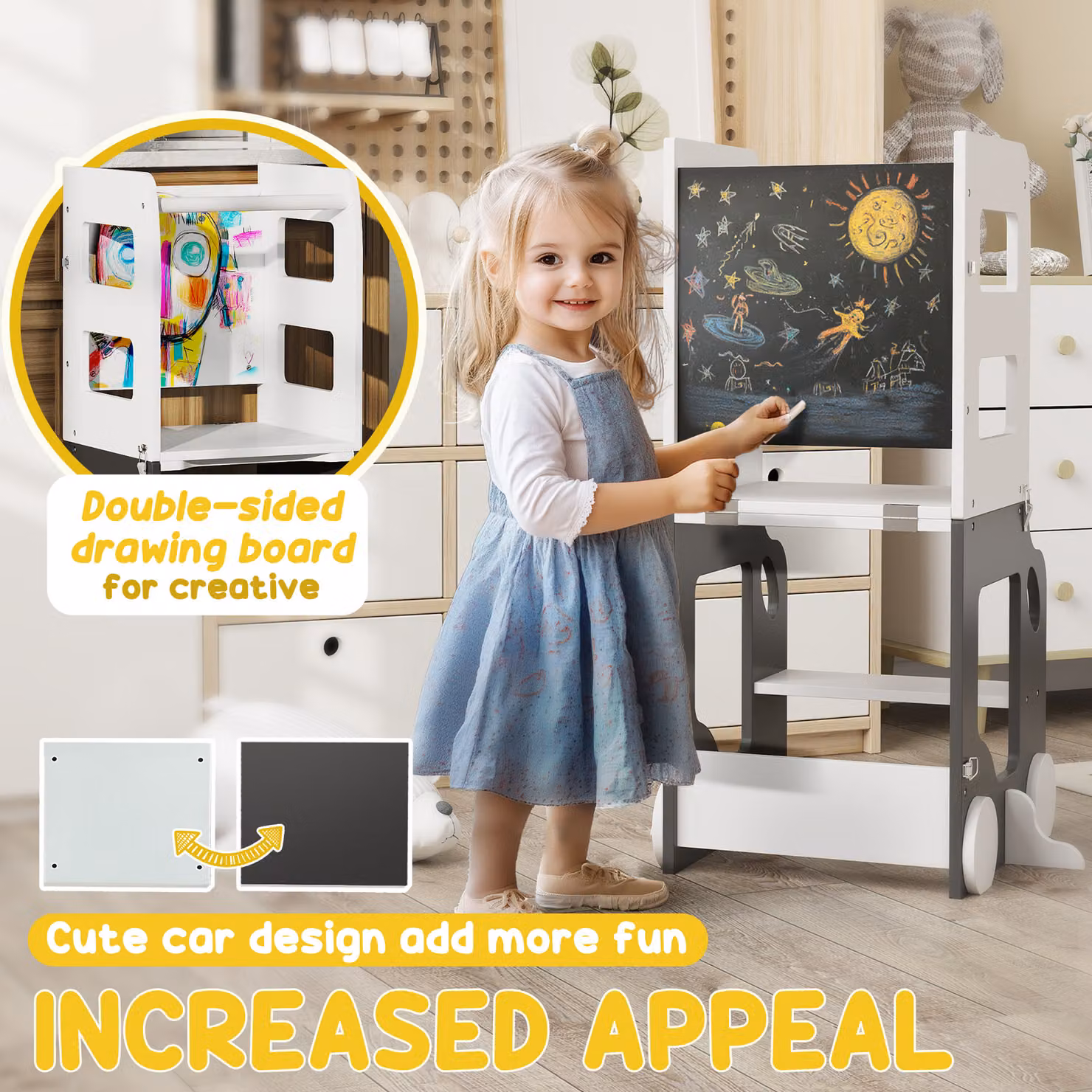 AIYAPLAY 4 in 1 Foldable Toddler Step Stool and Standing Tower with Safety Rail in Grey – 7
