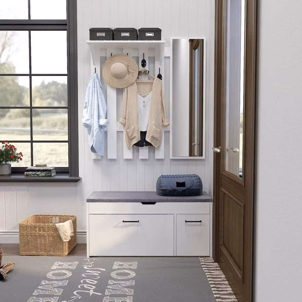 EONLION White and Grey Industrial Shoe Bench and Cabinet with Fabric Seat, Width: 100 cm – 3