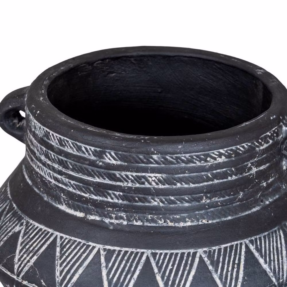 Lemon Pavilion Furniture and Decor Etched Collection Ceramic Pot with Handle, Black, W: 20 cm, D: 20 cm, H: 16 cm – 3