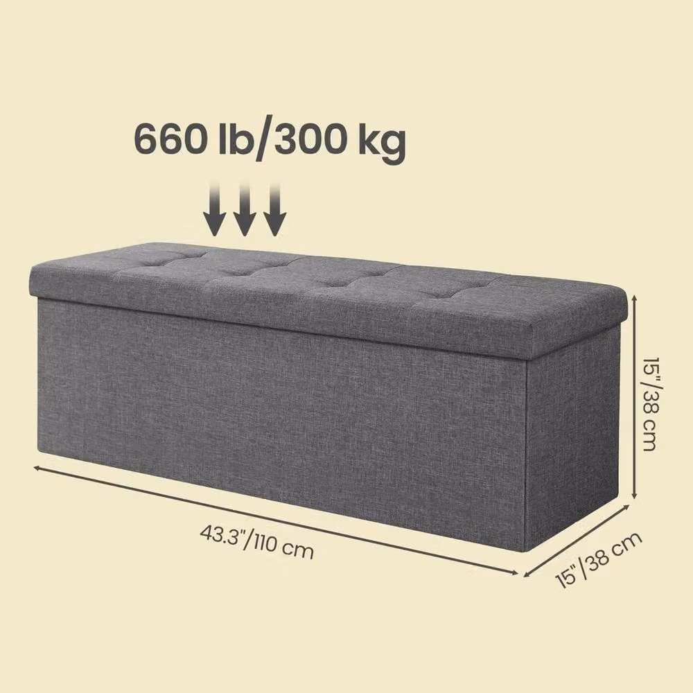 KORVIXA Grey Fabric Upholstered Storage Ottoman Bench, W/D/H: 110 x 38 x 38 cm – 2