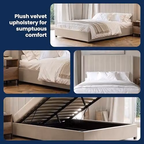 Flair Furnishings Tiggy Ottoman Bed, King Size Upholstered Bed Frame with Storage and Winged Headboard in Beige Velvet, W/D/H: 180 x 200 x 130 cm – 3