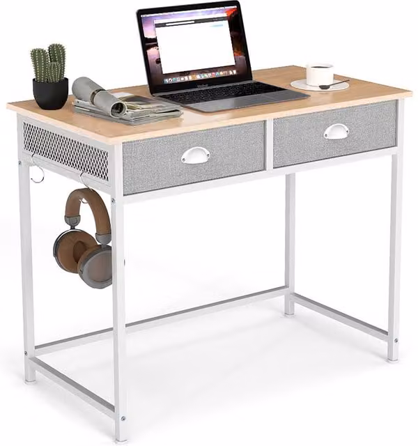 Gymax Computer Desk and Vanity Desk with 2 Drawers in White and Beige, W: 90 cm, H: 115 cm – 1