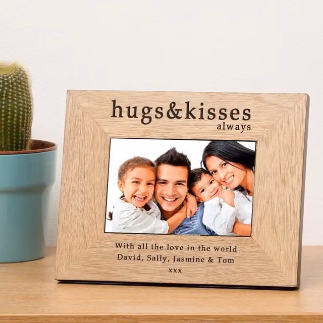 Uniqueful Personalised Hugs & Kisses Always Wood Picture Frame, Brown, W/H: 17.8 x 12.7 cm
