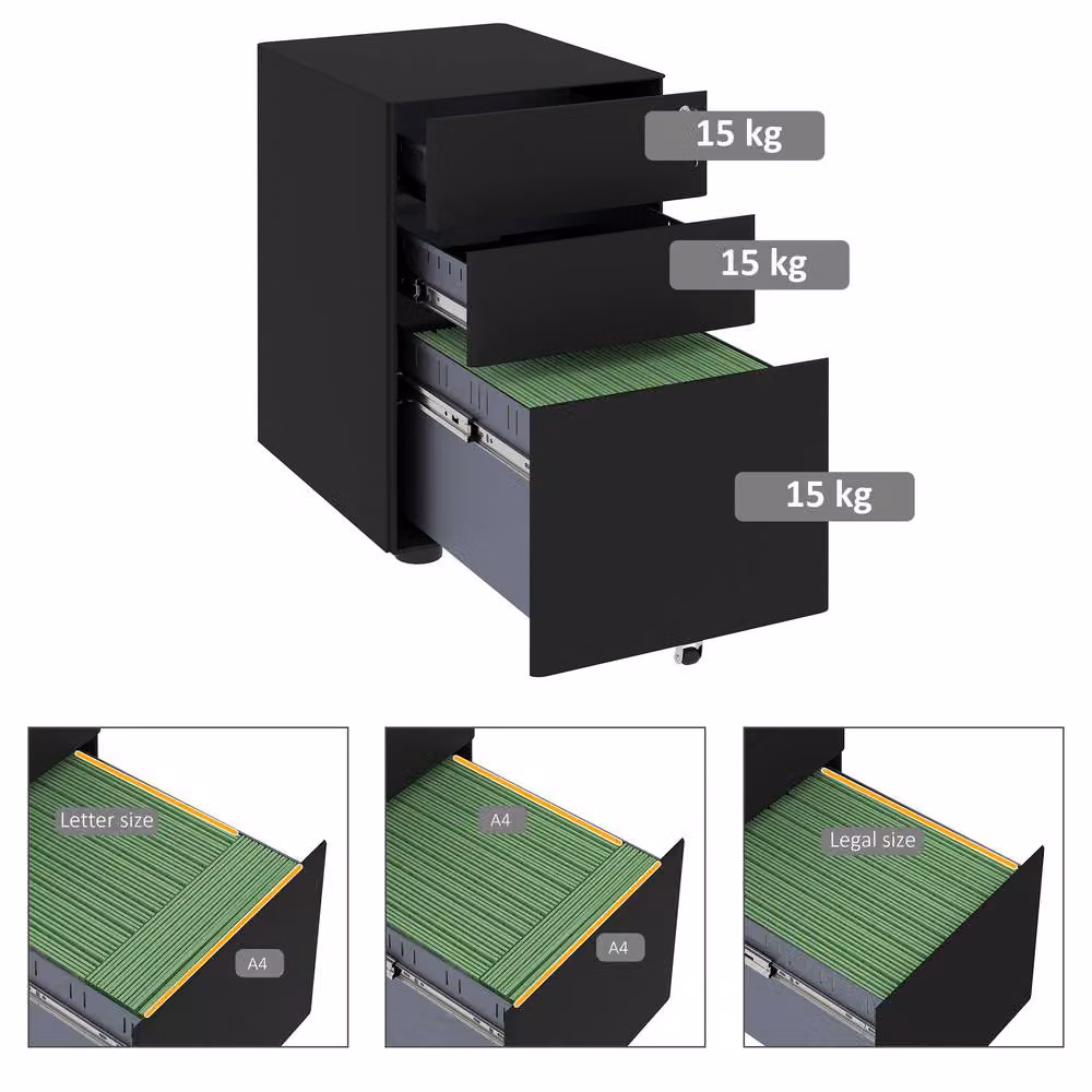 STILVORA Lockable Metal Filing Cabinet with 3 Drawers and Castors in Matt Black, W/D/H: 39 x 48 x 59 cm – 9