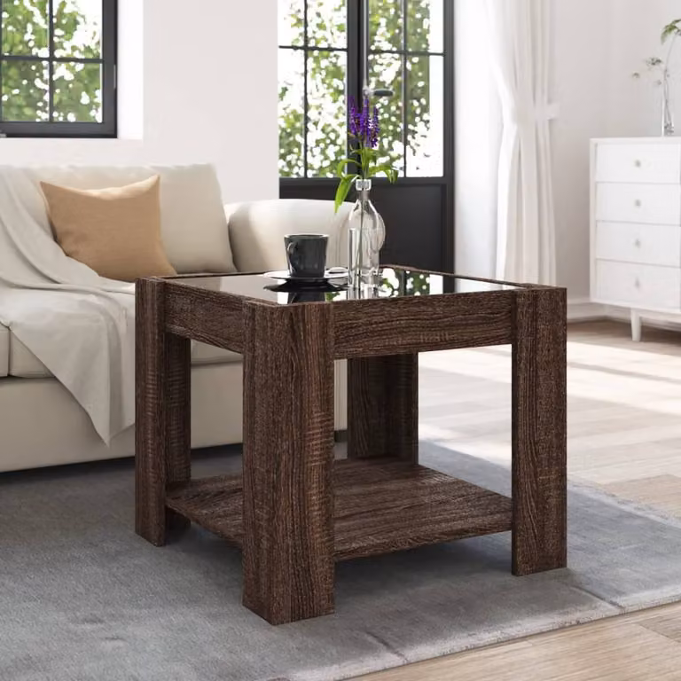 Berkfield Home Modern Square Coffee Table with LED in Brown Oak, W/D/H: 53 x 53 x 45 cm